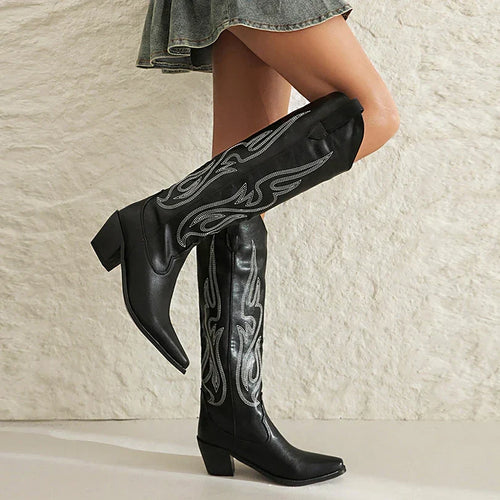 Santiag haute noir Simili Cuir Femme - Broderies géométriques, talon cubain