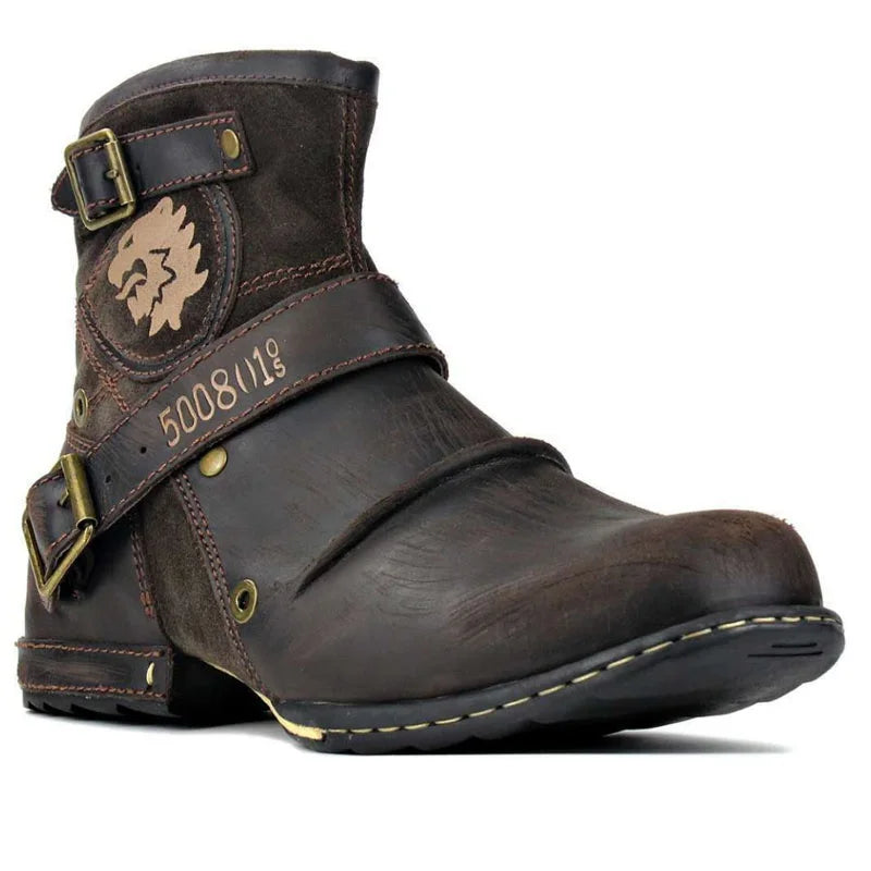 Bottine haute marron foncé Simili Cuir Femme - Motifs floraux et lion