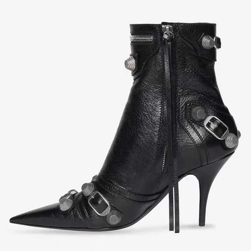 Bottine à talon noir Simili Cuir Femme - Style cowboy, ornements