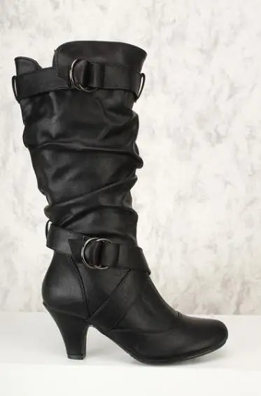 Santiag mi-haute noir Simili Cuir Femme - Boucles métalliques, tige plissée