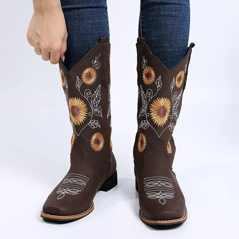 Santiag mi-haute marron Simili Cuir Femme - Broderies florales colorées