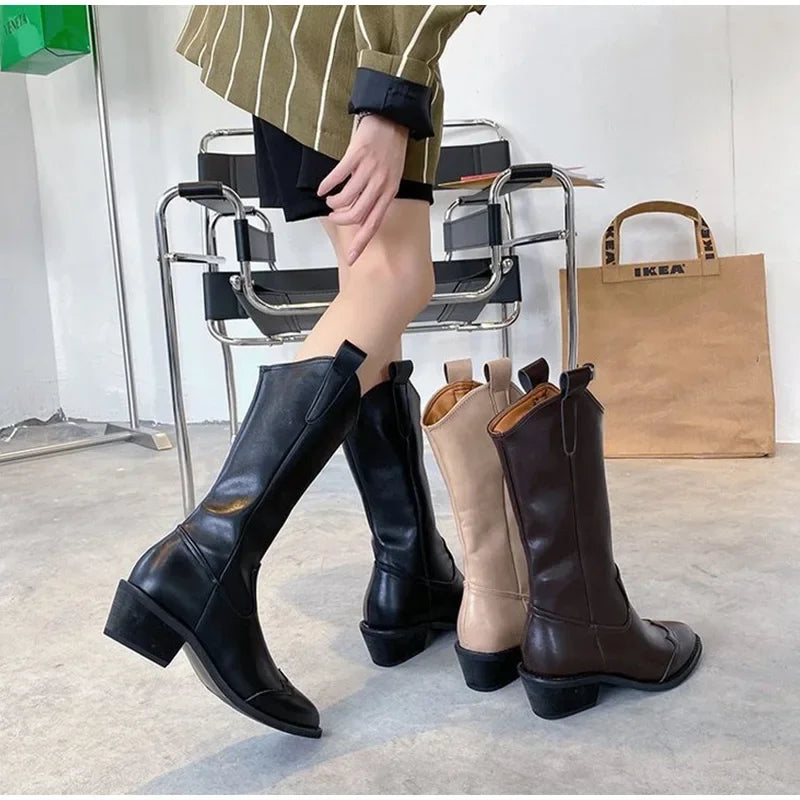 Santiag mi-haute noir Synthétique Femme - Coutures, bout pointu