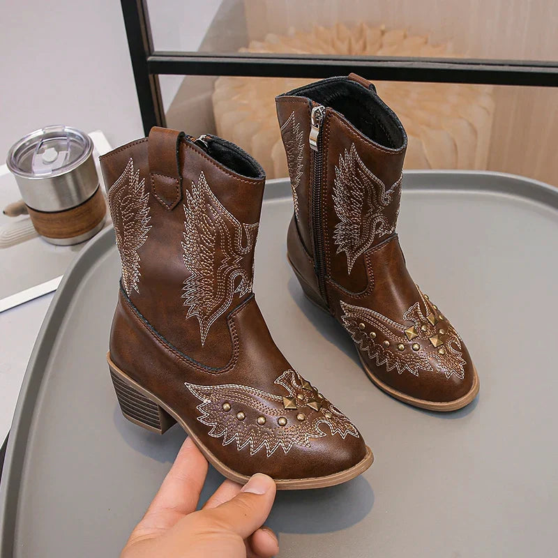 Santiag haute marron Synthétique Fille - Ailes brodées, clous dorés