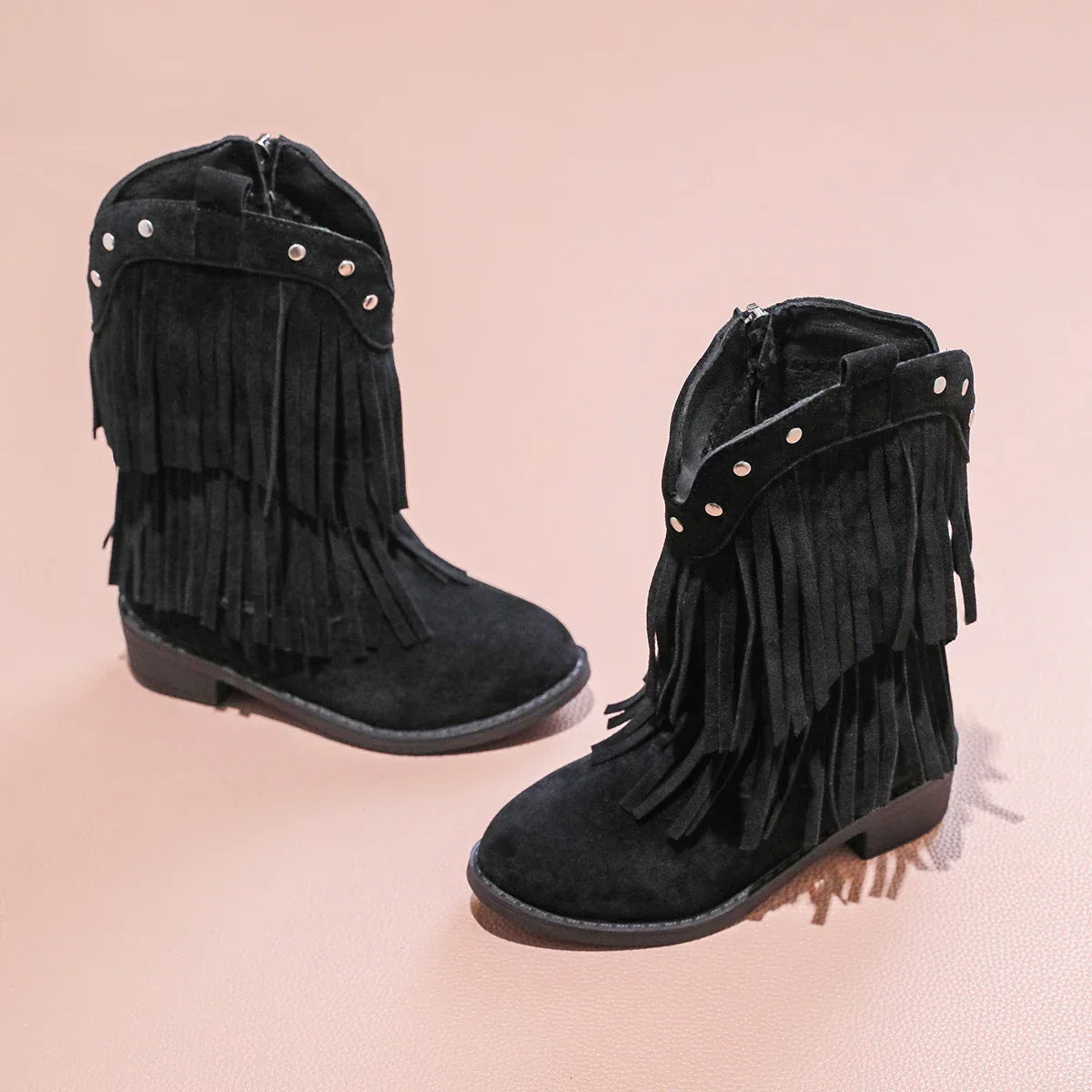 Santiag haute noir Cuir Fille - Franges, clous argentés