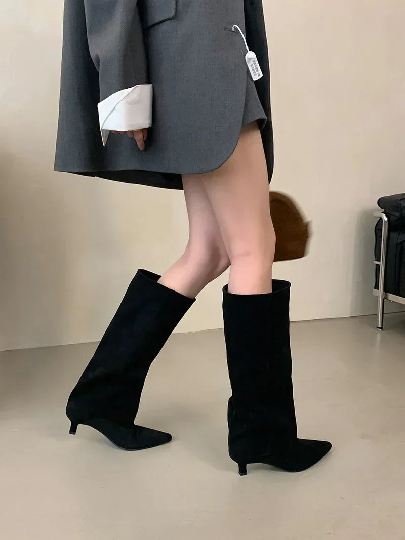 Botte haute noir Daim Synthétique Femme - Tige souple, talon kitten