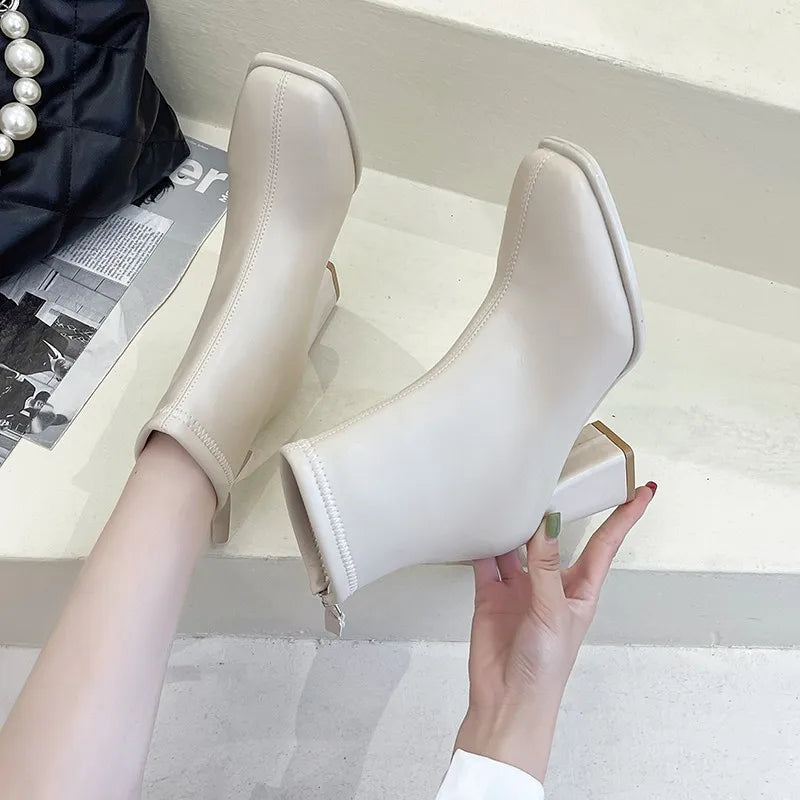 Bottine beige Simili Cuir Femme - Bout carré