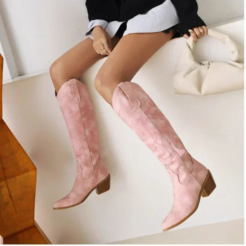 Santiag haute rose Simili Cuir Femme - Broderies florales