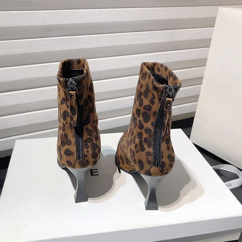 Bottine à talon marron Daim Synthétique Femme - Léopard, talon conique