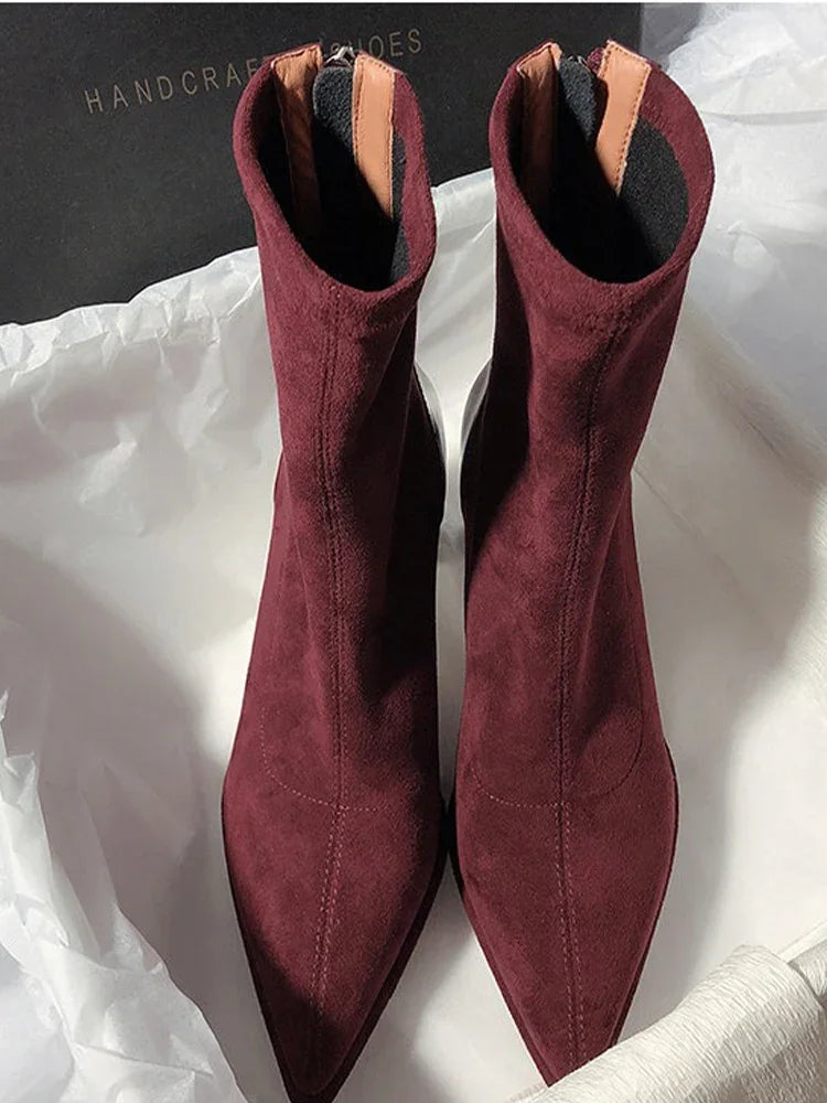 Bottine haute rouge Daim Synthétique Femme - Bout pointu