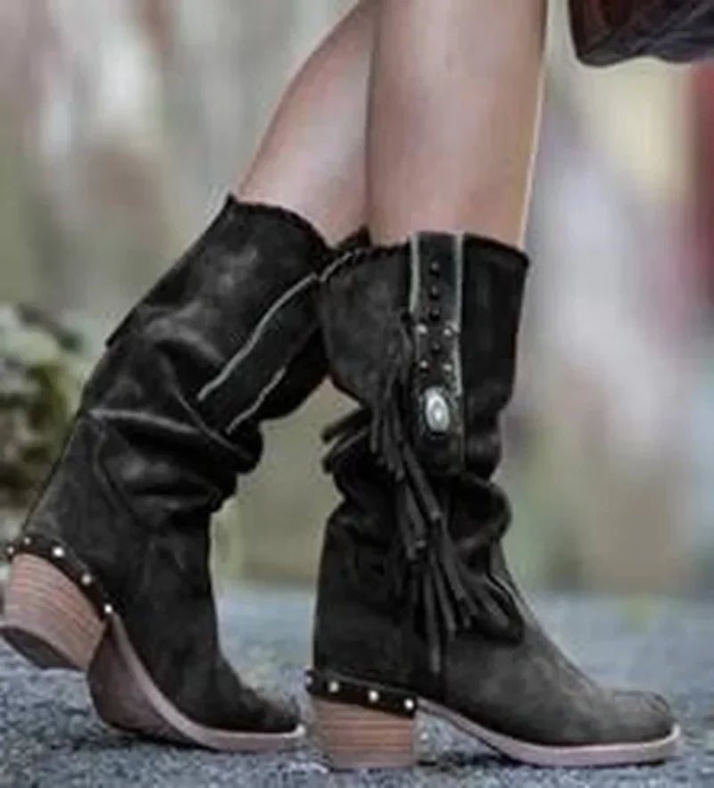 Santiag mi-haute noir Daim Synthétique Femme - Franges, style cowboy