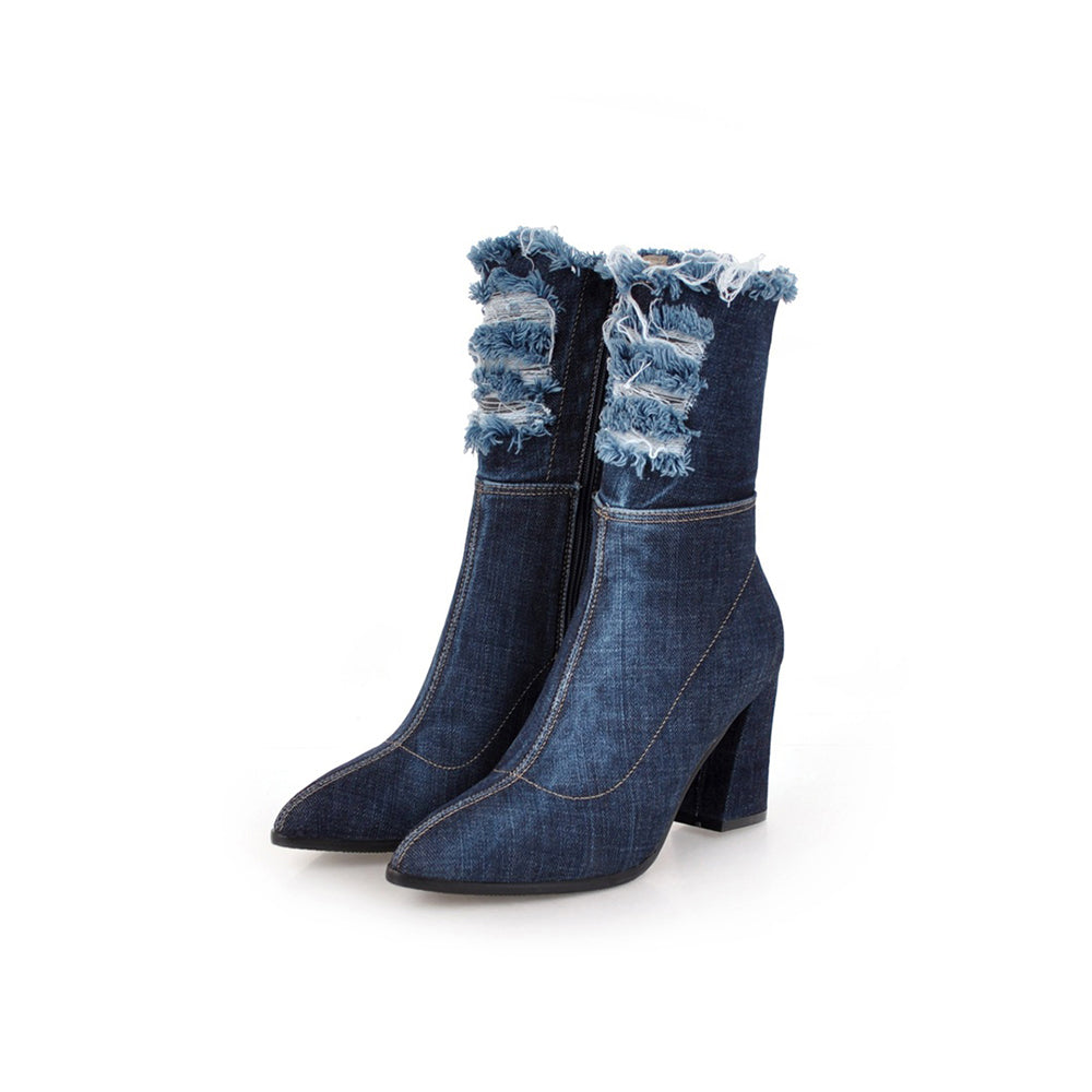 Botte haute bleu Synthétique Femme - Effet denim effiloché