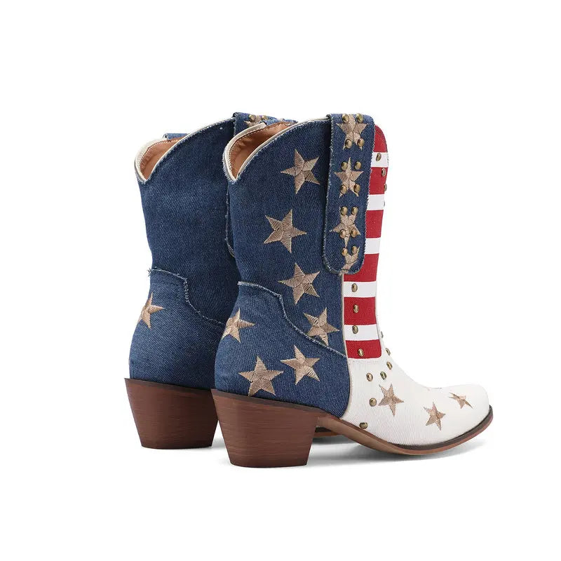 Santiag mi-haute multicolore Synthétique Femme - Motifs étoilés, effet denim