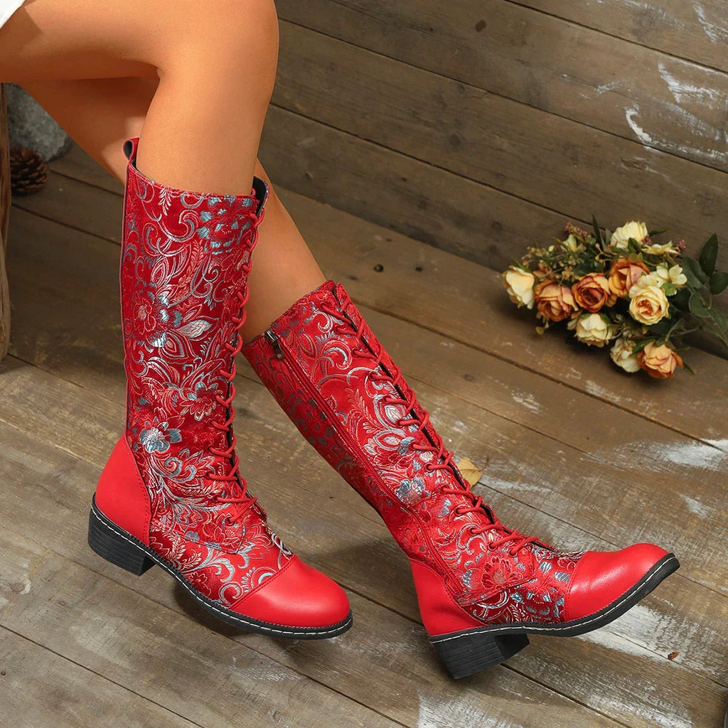 Botte haute rouge Simili Cuir Femme - Broderies western