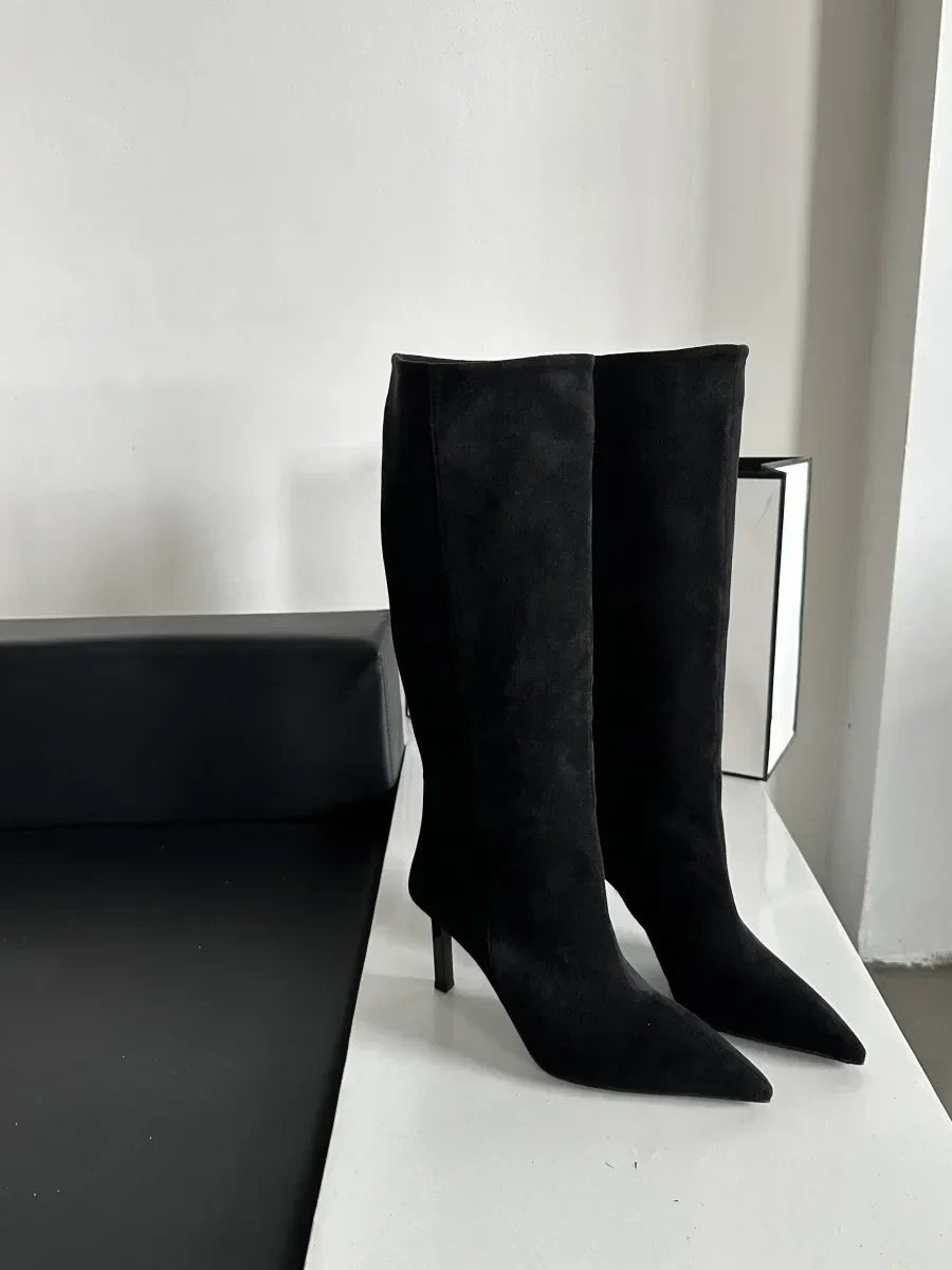 Botte haute noir Daim Femme - Style cowboy, talon fin