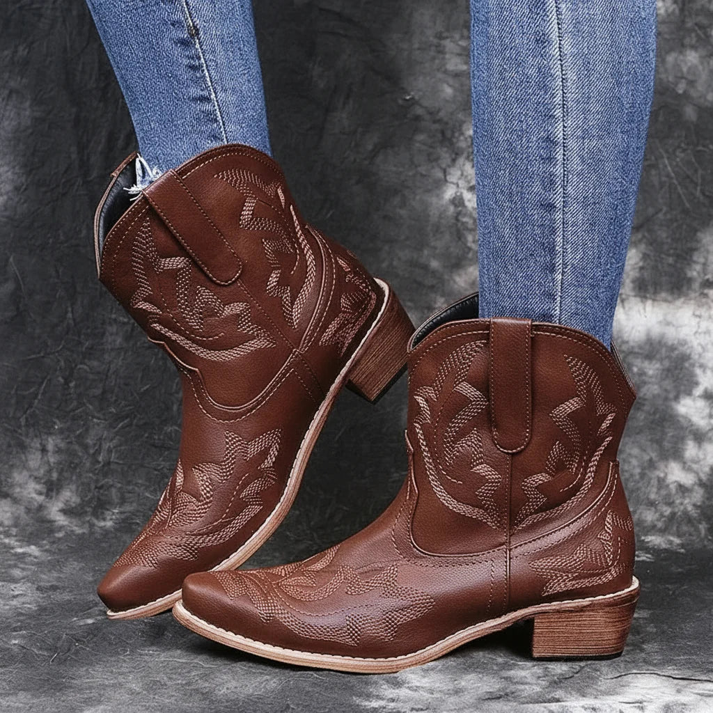 Santiag mi-haute marron Simili Cuir Femme - Broderies, style campagnard