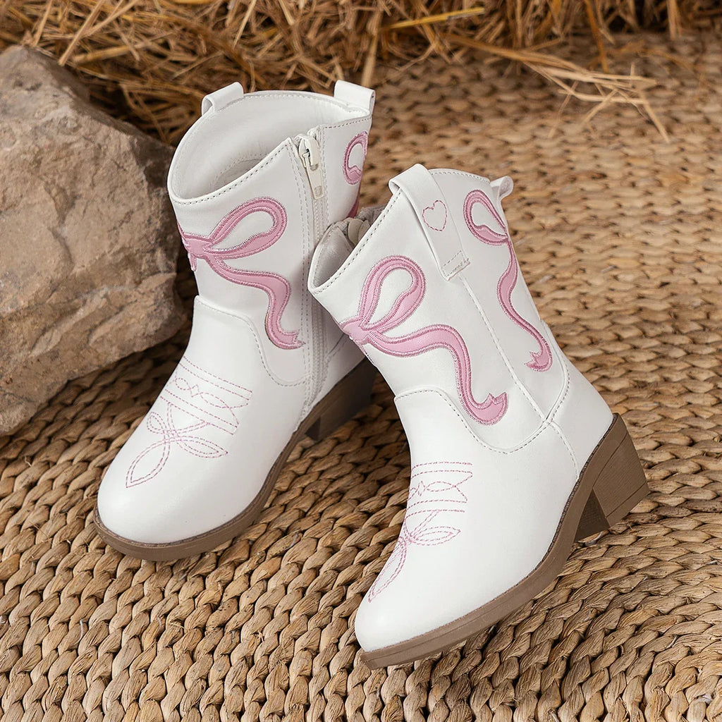 Santiag mi-haute blanc Simili Cuir Fille - Broderies florales, cœur