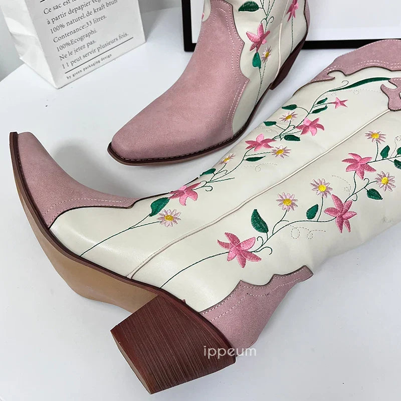 Santiag mi-haute blanc Simili Cuir Femme - Broderies florales colorées