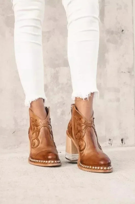 Santiag mi-haute camel Simili Cuir Femme - Broderies western, clous