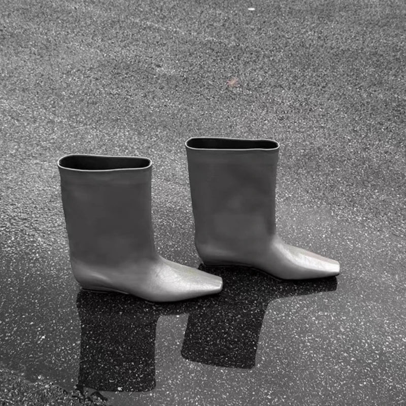 Botte haute gris Simili Cuir Femme - Bout carré, talon plat