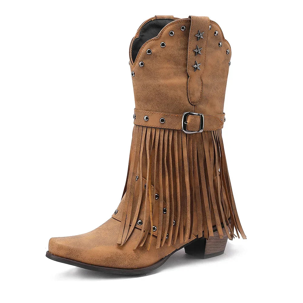 Santiag mi-haute camel Simili Cuir Femme - Franges, étoiles
