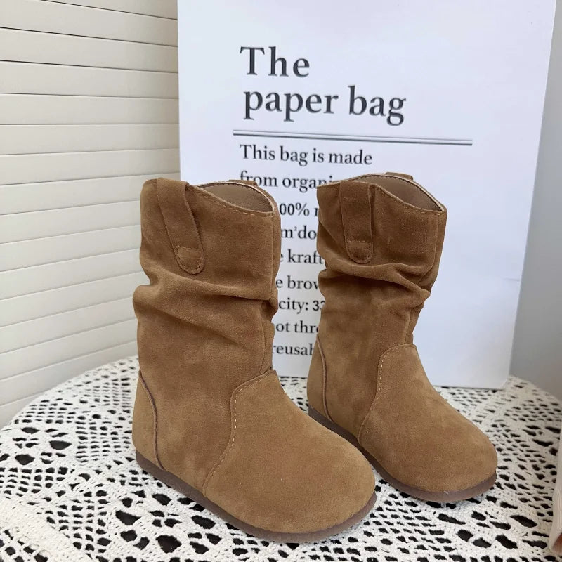 Santiag mi-haute marron clair Daim Synthétique Fille - Coutures épurées