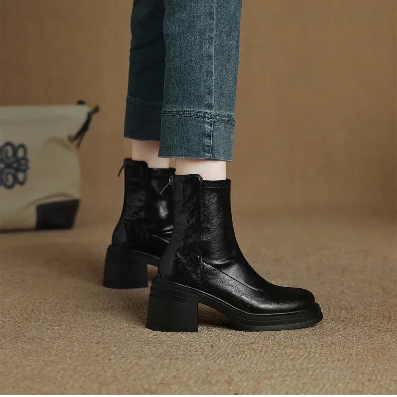 Bottine haute noir Simili Cuir Femme - Talon carré