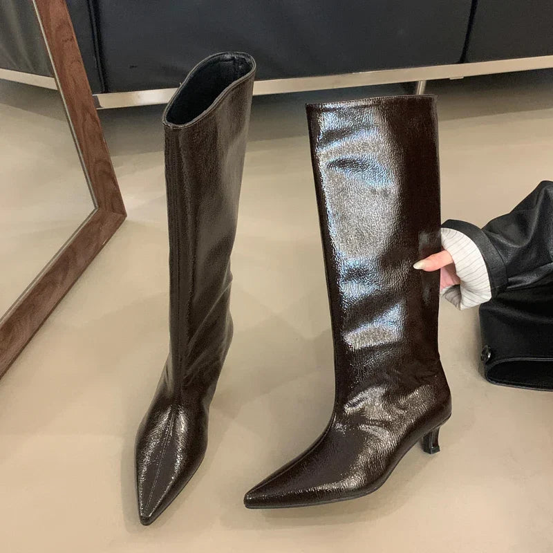 Botte haute noir Simili Cuir Femme - Brillant, bout pointu