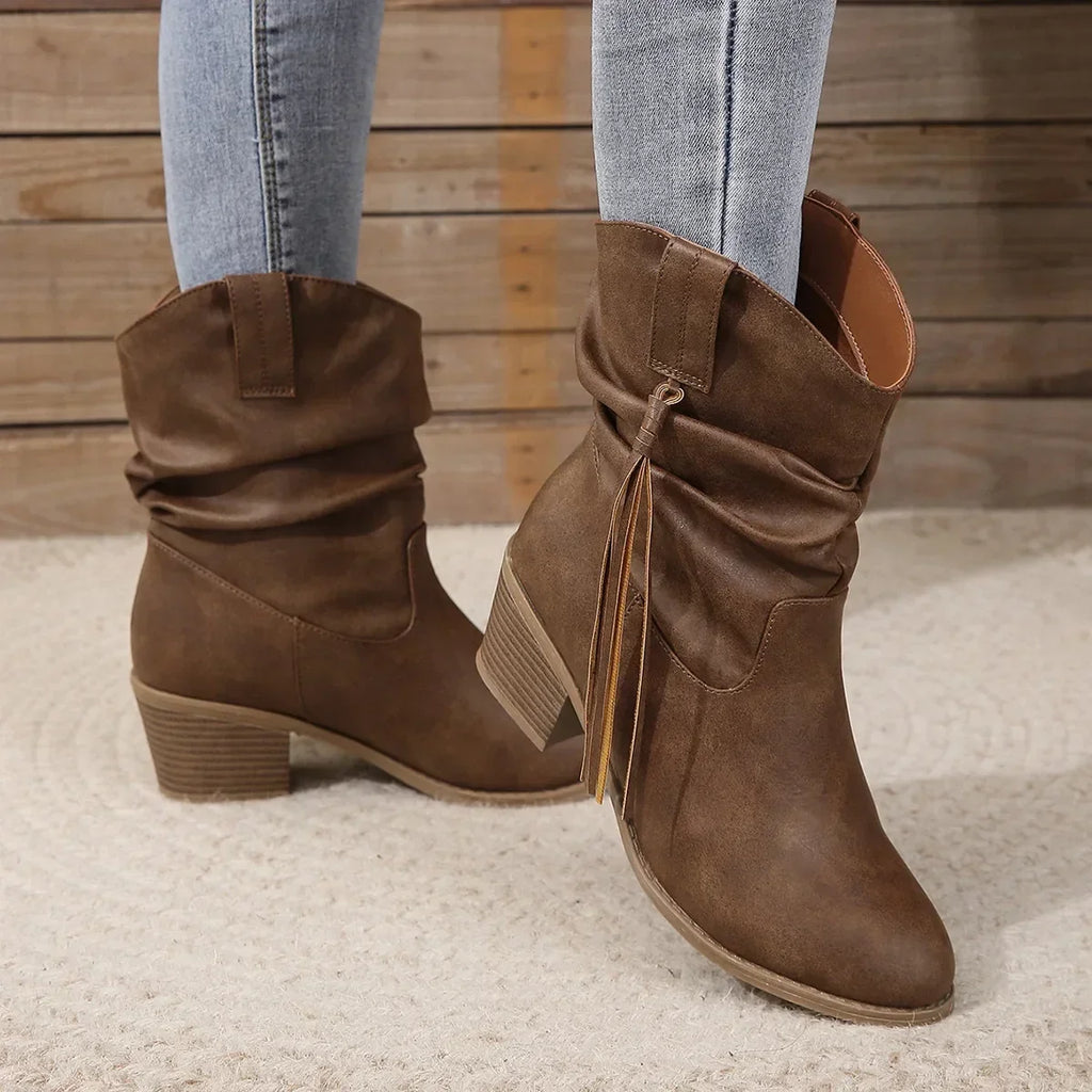 Santiag mi-haute marron Simili Cuir Femme - Franges western, talon carré