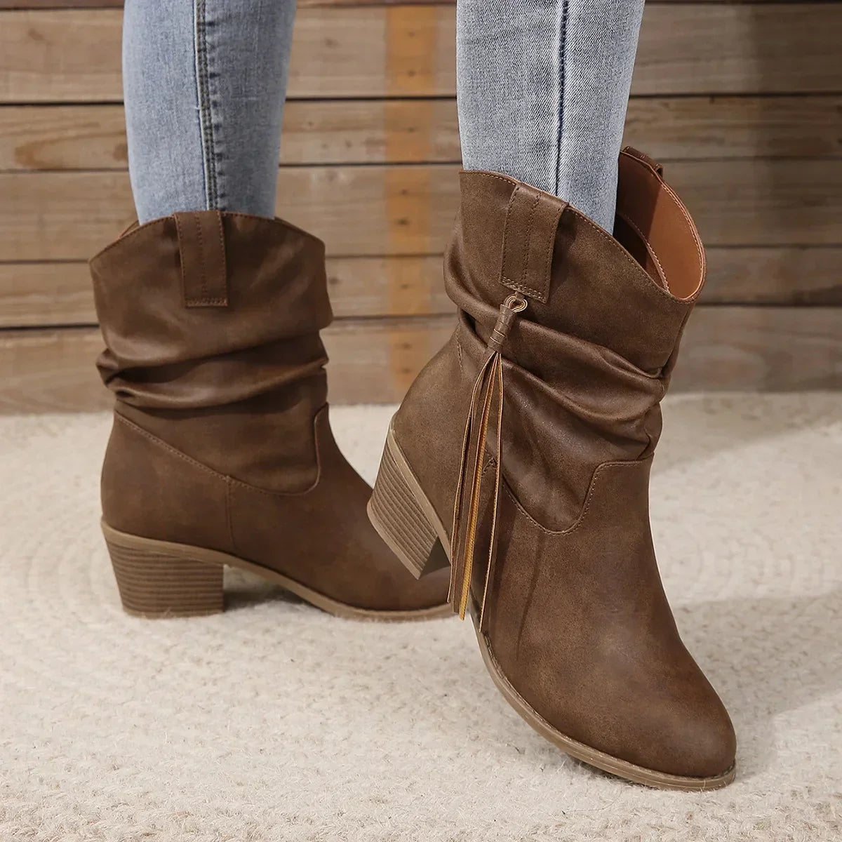 Santiag mi-haute marron Simili Cuir Femme - Franges western, talon carré