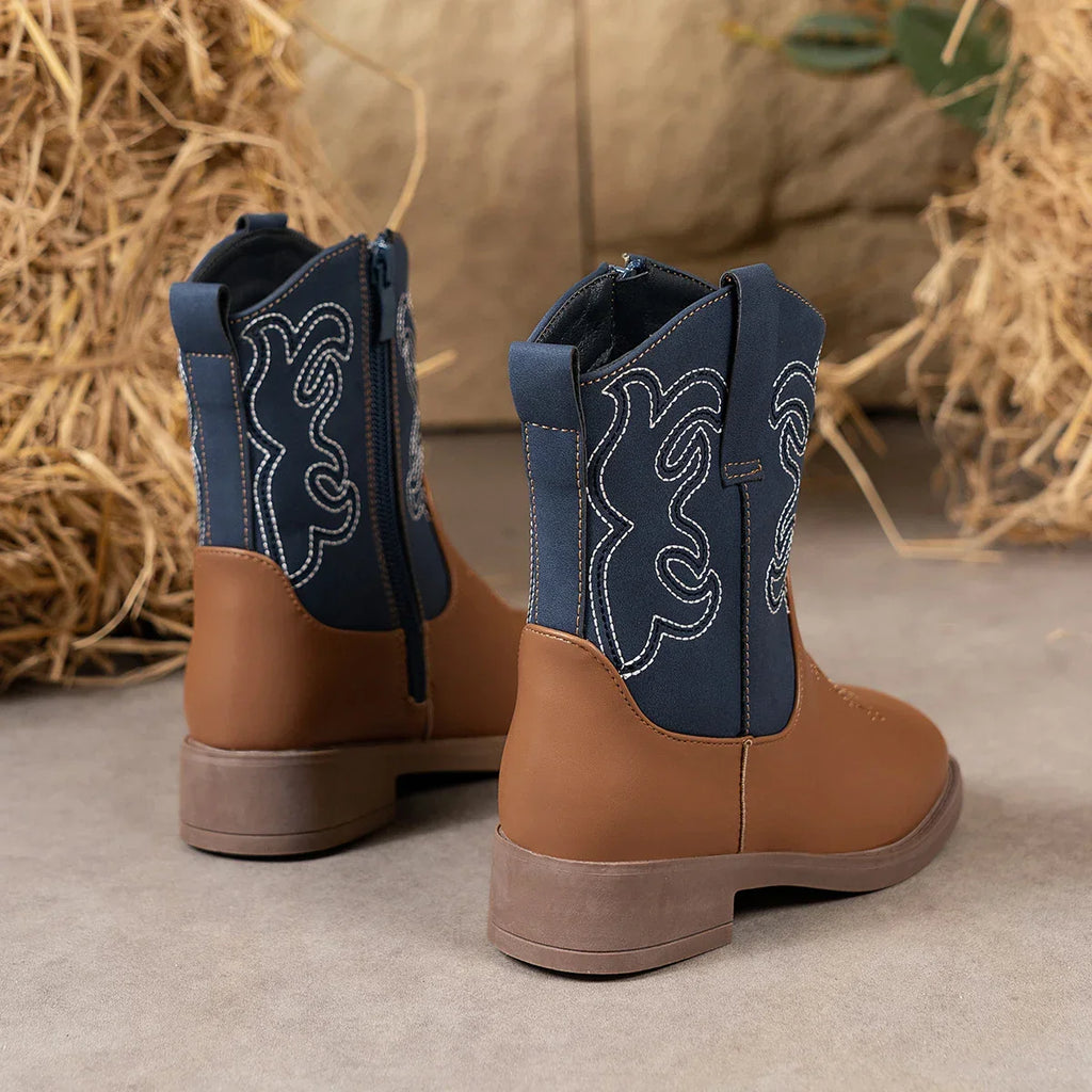 Santiag mi-haute marron Cuir Fille - Broderies blanches