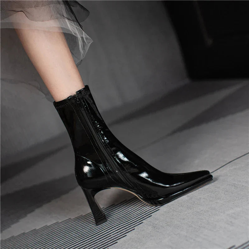 Bottine haute noir Simili Cuir Femme - Verni, bout pointu