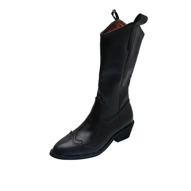 Santiag mi-haute noir Synthétique Femme - Coutures, bout pointu