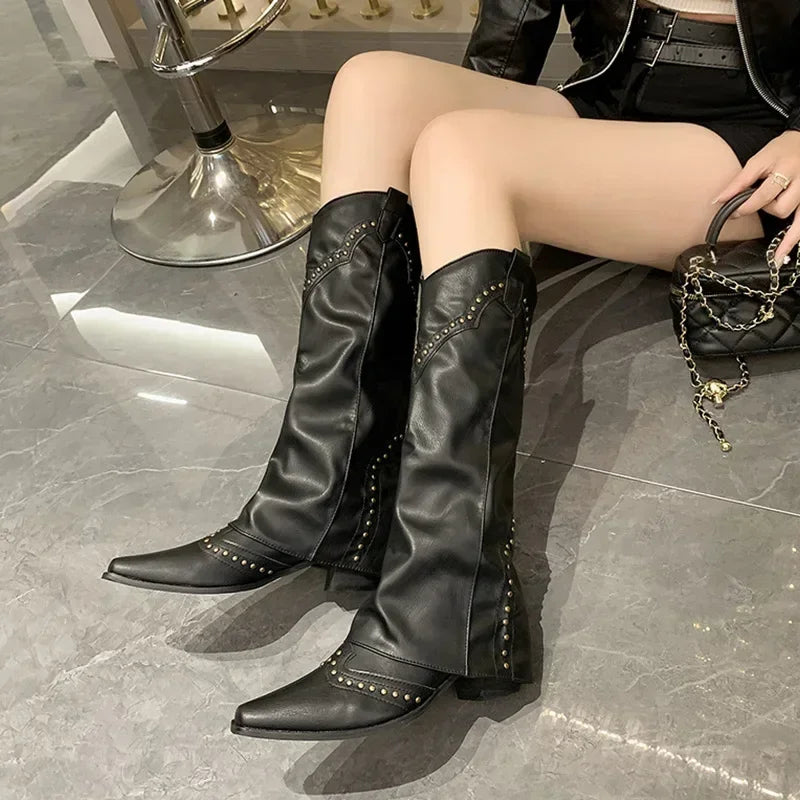 Santiag mi-haute noir Synthétique Femme - Clous, style rétro