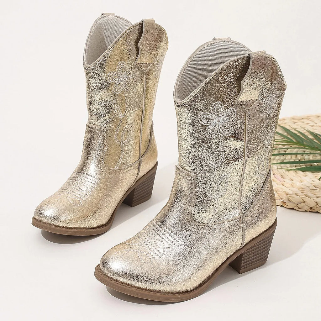 Santiag haute dorée Simili Cuir Fille - Broderies florales