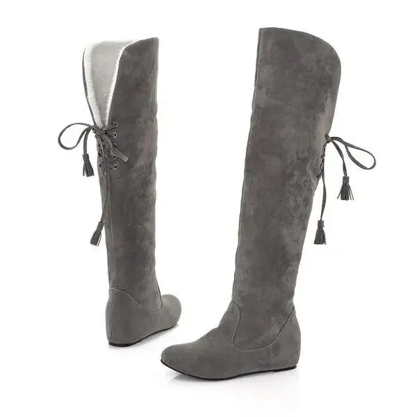Botte haute gris Daim Femme - Lacets arrière à pompons