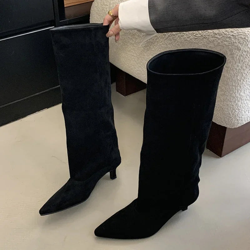 Botte haute noir Daim Synthétique Femme - Tige souple, talon kitten