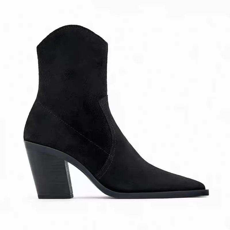 Santiag mi-haute noir Daim Femme - Talon carré, bout pointu
