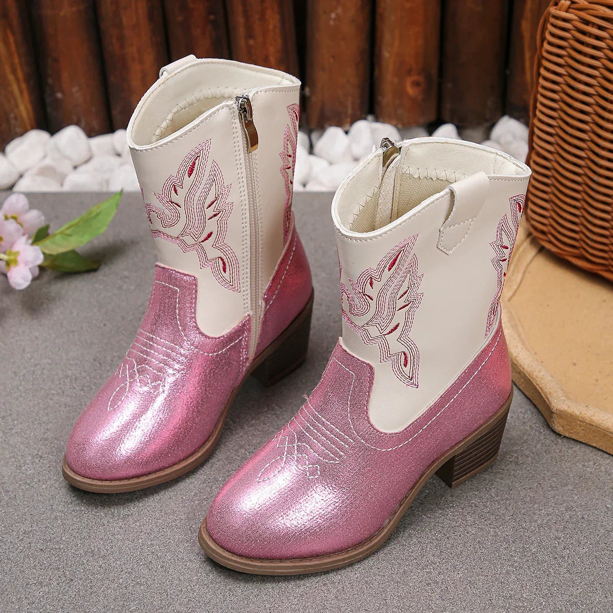 Santiag basse rose à paillettes Synthétique Fille - Broderies western