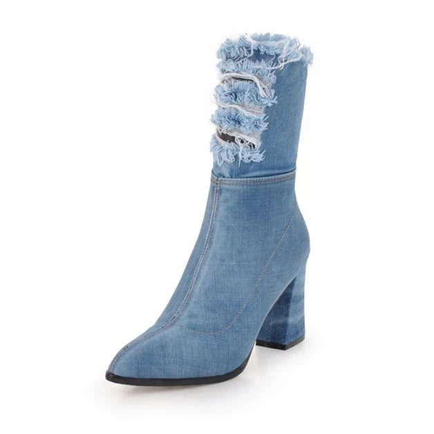 Bottine à talon Synthétique Femme - Franges, denim