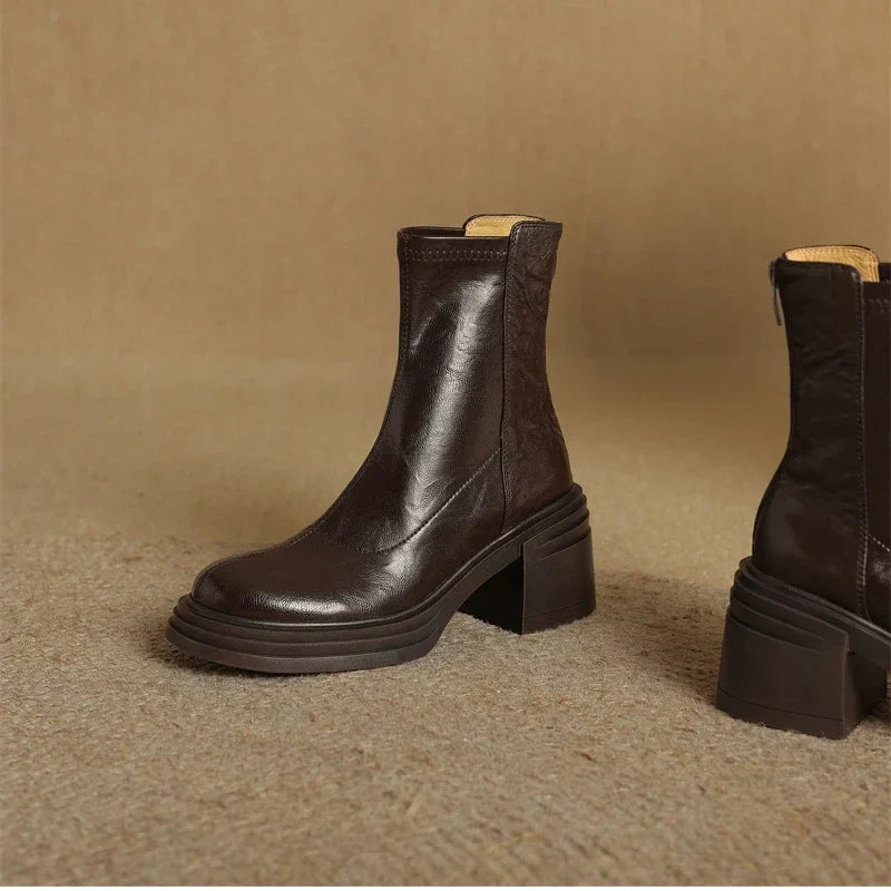 Bottine à talon marron foncé Synthétique Femme - Bout carré