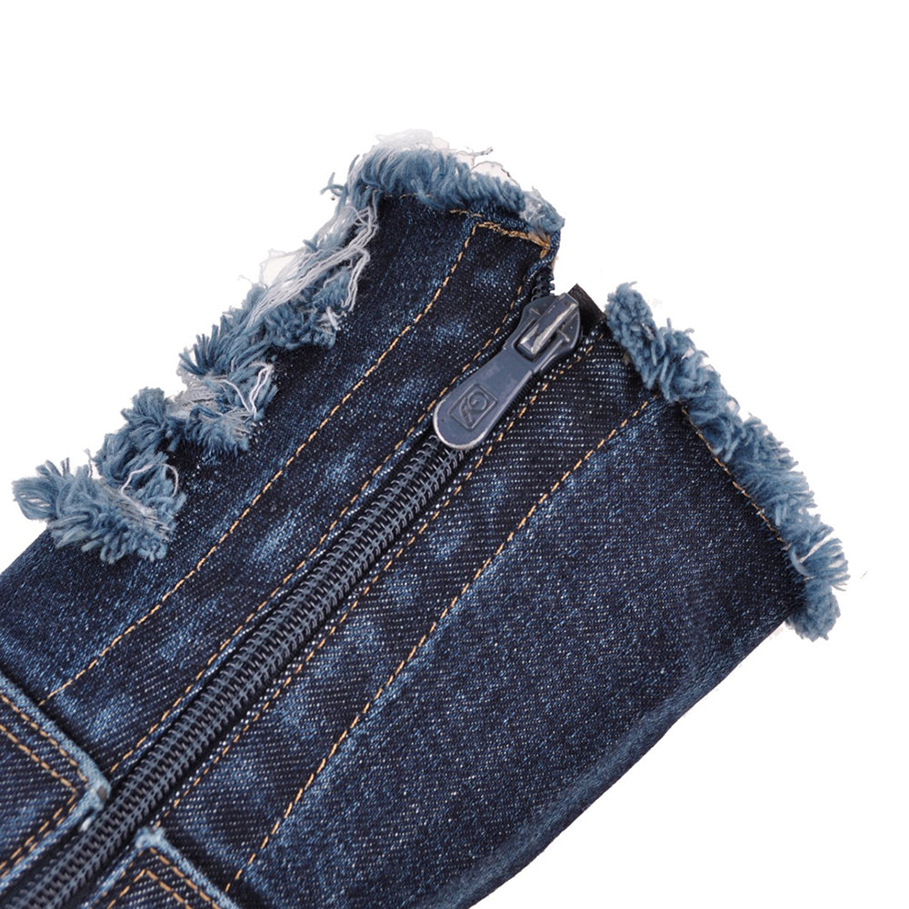 Botte haute bleu Synthétique Femme - Effet denim effiloché