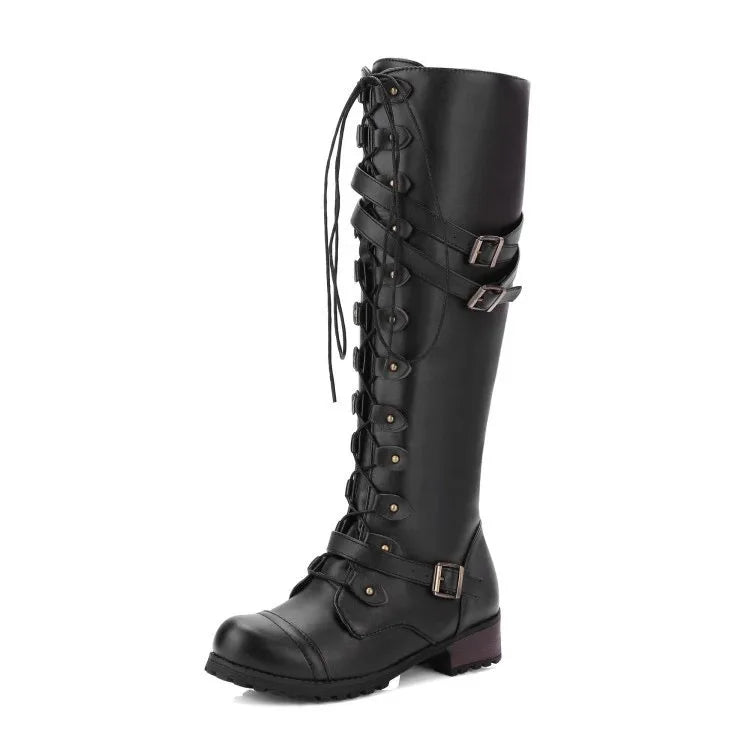 Botte haute noir Simili Cuir Femme - Style motard, boucles métalliques