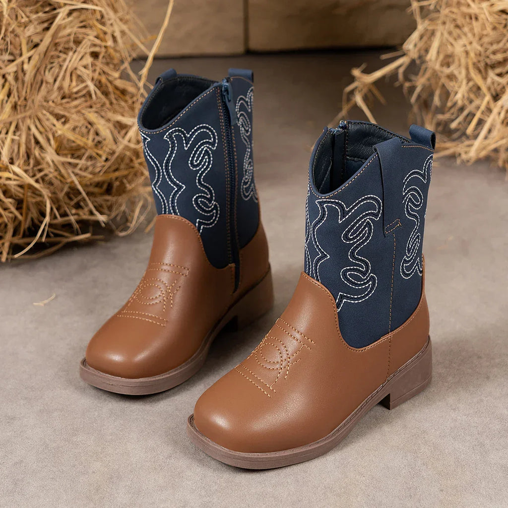 Santiag mi-haute marron Cuir Fille - Broderies blanches