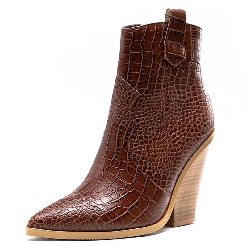 Santiag mi-haute marron Simili Cuir Femme - Effet crocodile, sangle
