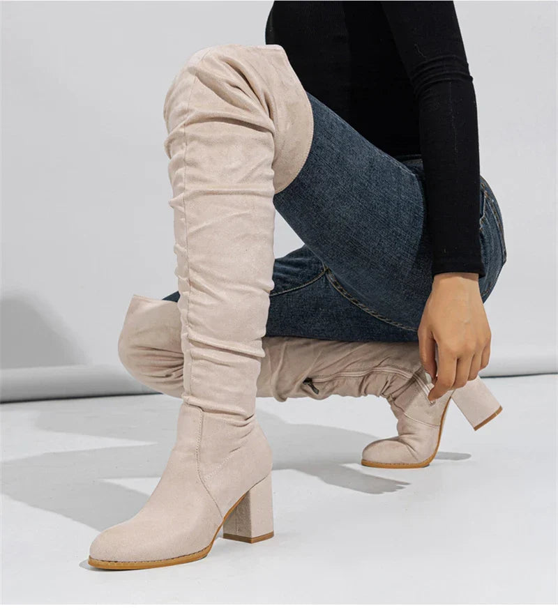 Santiag haute beige Daim Synthétique Femme - Style motard, zip