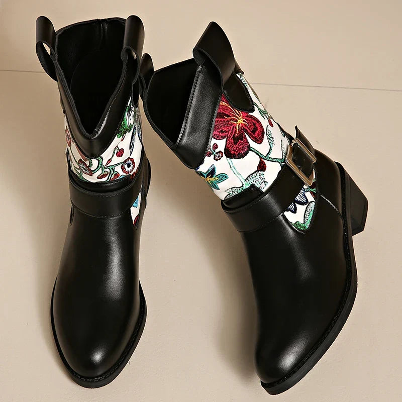 Santiag mi-haute noir Simili Cuir Femme - Broderies colorées, sangle