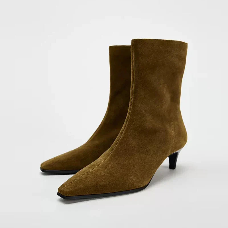 Bottine à talon marron Daim Femme - Talon carré, style cowboy
