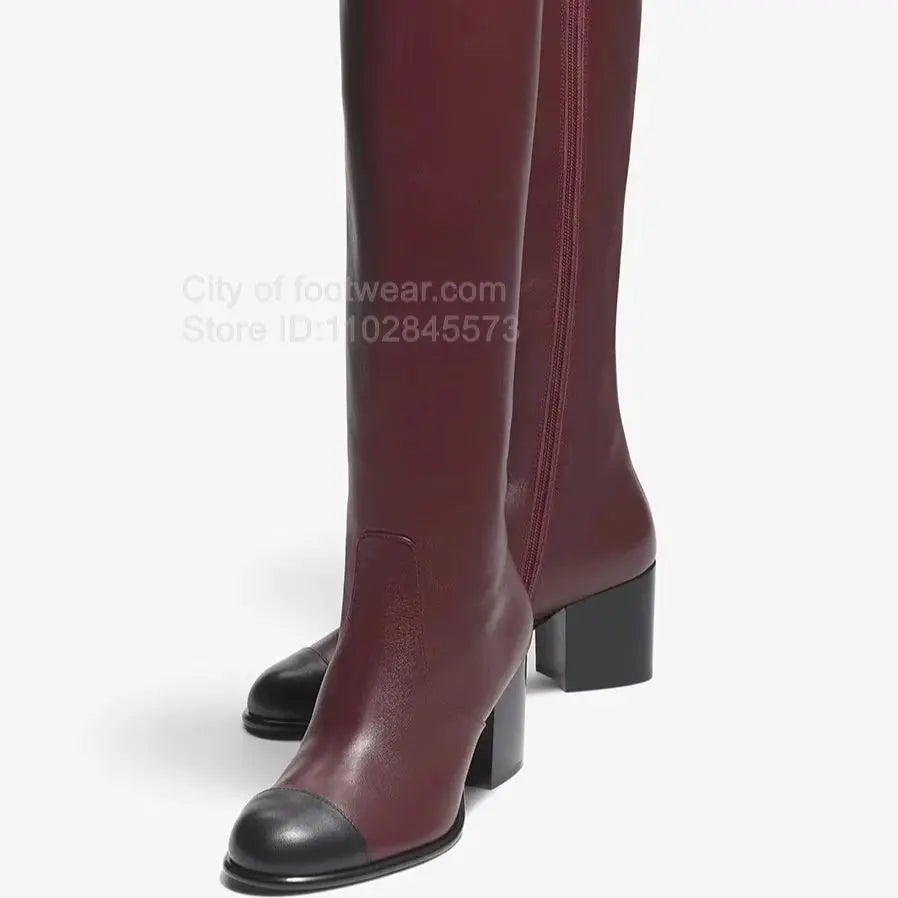 Botte haute rouge Simili Cuir Femme - Bout noir contrastant