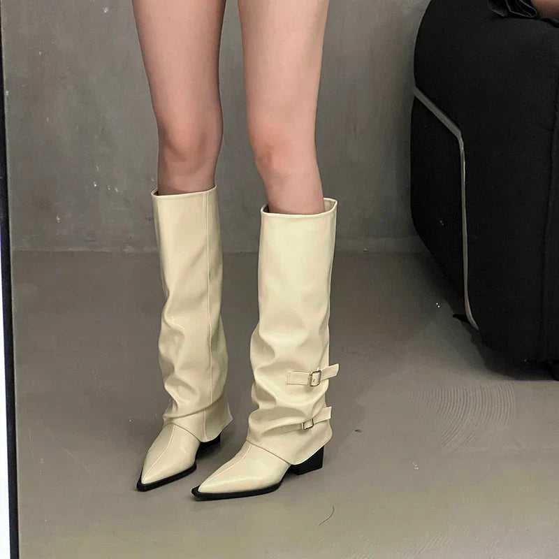 Santiag haute beige Simili Cuir Femme - Boucles latérales
