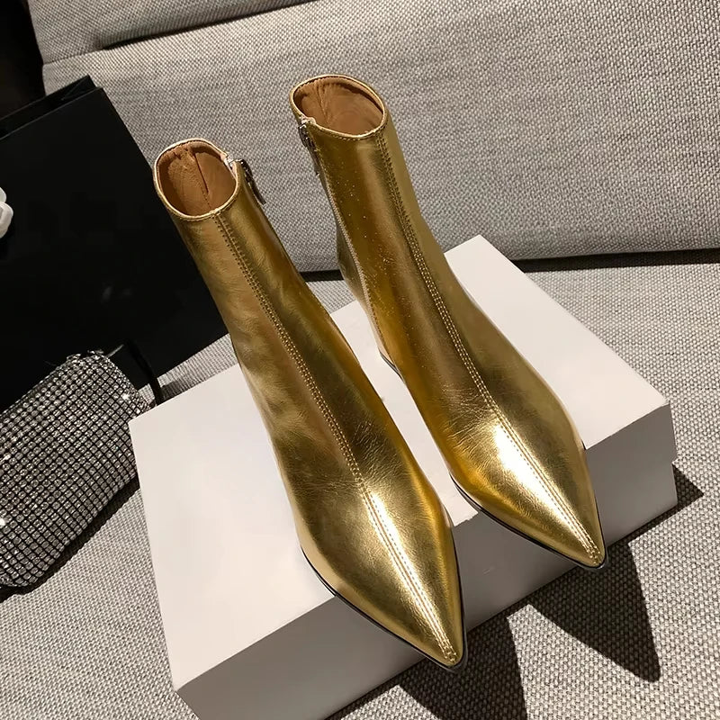 Bottine haute doré Simili Cuir Femme - Bout pointu